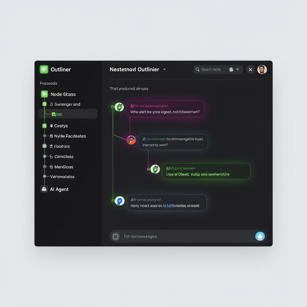 Twiglit app interface showing nested outliner with AI agents and chat